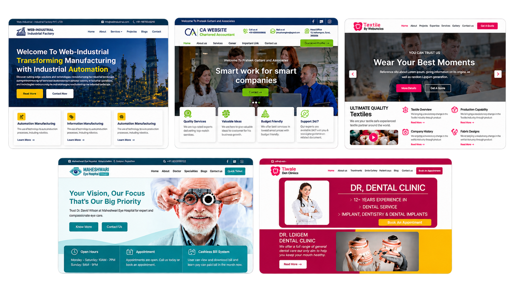 Website designs by BuyWPWebsite for industrial, CA firm, textile, eye hospital and dental clinic businesses